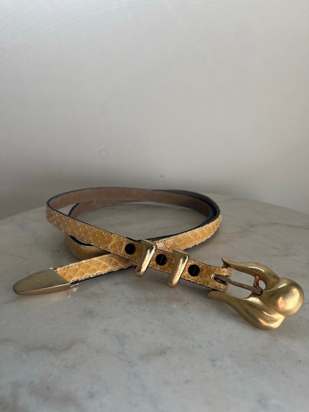 VTG 80s Apple Acc of NY Genuine Snakeskin Belt Gold Modernist Abstract Buckle